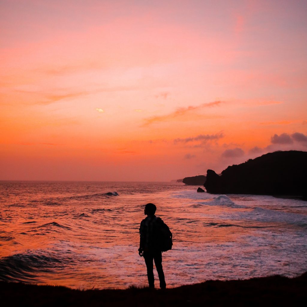 silhouette photo of man with backpack standing in seashore 848573