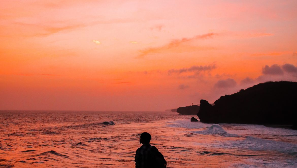 silhouette photo of man with backpack standing in seashore 848573